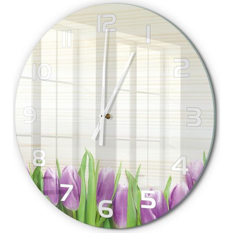 Horloge Murale Ronde Design Contemporain Verre Décoratif pour Salon Tulipes violettes fi 60 cm (1/5)