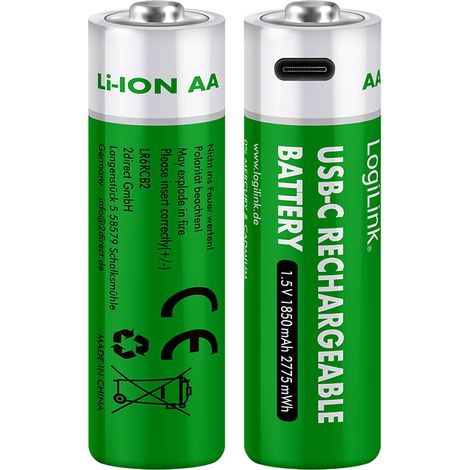 Baterías AA de iones de litio de 1,5 V y 1850 mAh con USB-C LogiLink (2 unidades) para carga. (1/5)