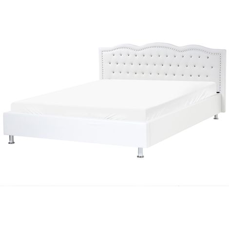 Cama con somier de piel sintética blanco plateado 180 x 200 cm cabecero botones Metz