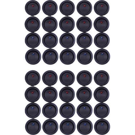 40 interrupteurs à bascule ronds à trois positions avec voyants LED, chacun d'une puissance nominale de 12 V et 20 A et doté de voyants lumineux bleus/rouges. (1/5)