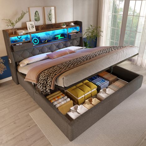 Bett im Retro-Stil 160x200 cm grau, Polsterbett mit LED-Kopfteil, USB/Type-C, hydraulischem Stauraum und Lattenrost (1/5)