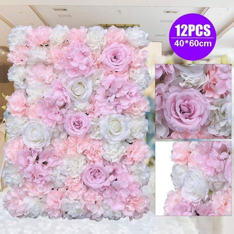 Set von 12 künstlichen Blumenwandtafeln, weiße und rosa künstliche Rosen, Blumenhintergrund für die Wanddekoration von Blumen, Partys, Hochzeiten (40 x 60 cm) (1/5)