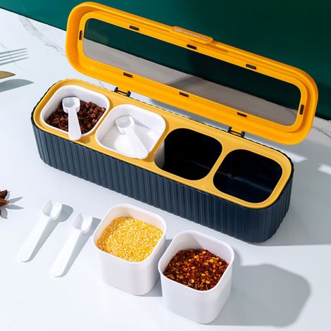 Boîte de rangement pour épices et condiments, 4 compartiments hermétiques, avec cuillère, bleue. (1/5)