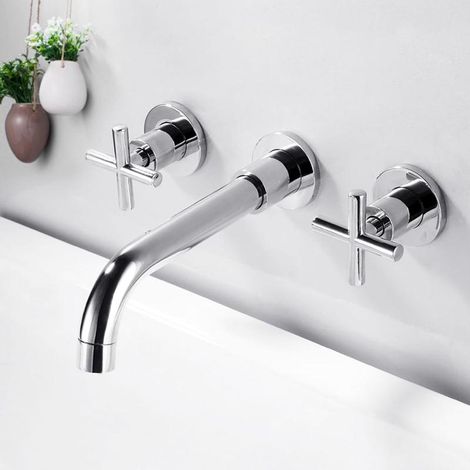 Mitigeur lavabo mural rétro 3 trous encastré, robinet rotatif design élégant salle de bain moderne (1/5)