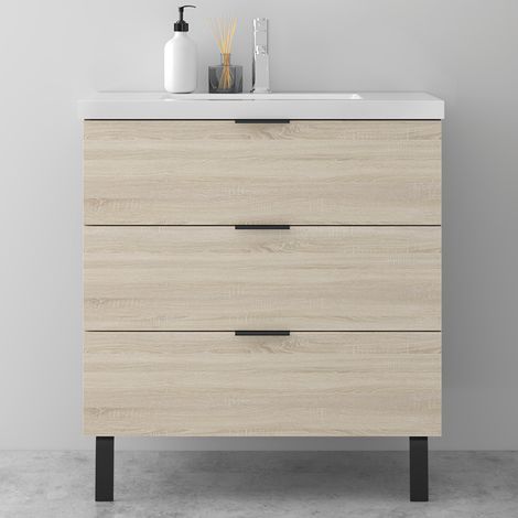 AICA Meuble de Salle de Bain 80cm avec Pieds, simple vasque, 3 tiroirs, Chêne, Style Moderne
