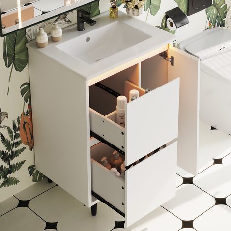 Meuble de salle de bain avec vasque céramique, meuble de salle de bain avec LED, 2 tiroirs et placard, Moderne, Blanc, 61x47x87 cm (1/5)