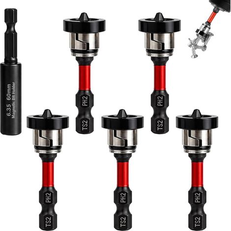 6 x PH2 Magnetic Bits 1/4 Inch for Placo – 5 Placo Screwdriver Bits + Magnetic Bit Holder 60 mm with Adjustable Stopper, Compatible with Magnetic Screwdriver Bits for Placo Screws and Placo (1/5)