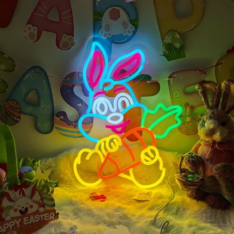 Lapin et carotte lumineux néon pour Pâques, lapin de Pâques lumineux, décorations murales et cadeaux de Pâques (1/5)