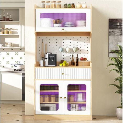 Aparador alto 80x40x180 cm natural y blanco en MDF y tablero de partículas con LED, vidrio acanalado y estantes ajustables (1/5)