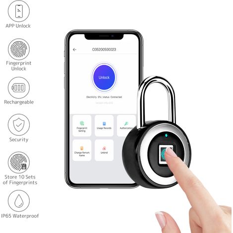 Cadenas intelligent Bluetooth à empreinte digitale, déverrouillage par empreinte digitale et application, rechargeable, sans clé, 10 empreintes digitales, étanche IP65, antivol, pour porte, valise ou (1/5)
