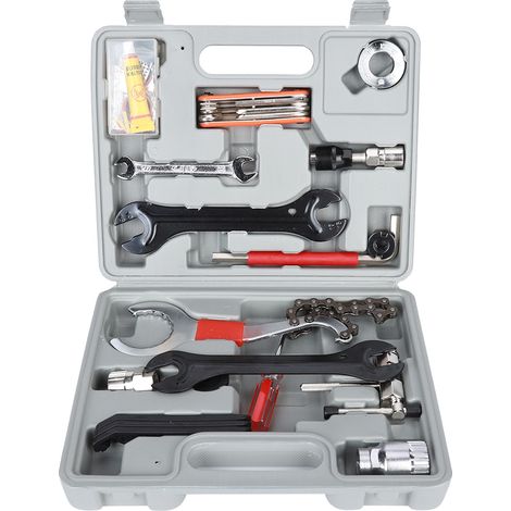 Kit de réparation vélo 23 pièces en acier inoxydable avec clé combinée, dérive-chaîne et rustines pour pneus de VTT et vélo de route (1/5)