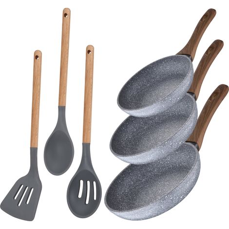 Set 3 sartenes Ø22 Ø26 y Ø28 + set utensilios, Daimiel, aluminio forjado, inducción (1/5)
