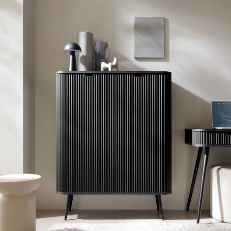 Commode MORDEN K103 - Noir - Façades rainurées - Largeur 103 cm, Hauteur 129 cm, Profondeur 39 cm (1/5)
