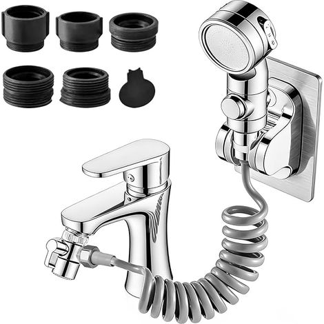 Douchette pour lavabo avec flexible de 3 m, pommeau de douche avec flexible, pommeau de douche avec fonction d'arrêt, distributeur sur robinet et support pour (1/5)