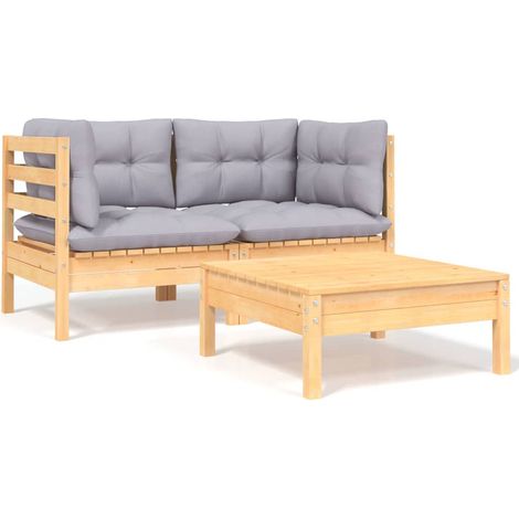 3 pcs Salon de jardin Salon d'extérieur Ensemble Meuble de Jardin Mobilier d'Extérieur avec coussins gris Bois de pin massif XFNRX931969 (1/5)