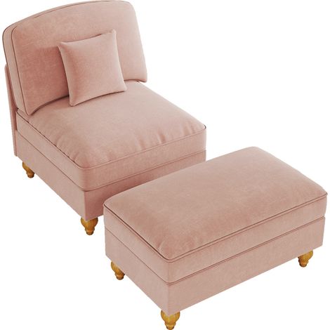 Sillón lounge de chenilla rosa con puff móvil y falda con volantes desmontable (1/5)
