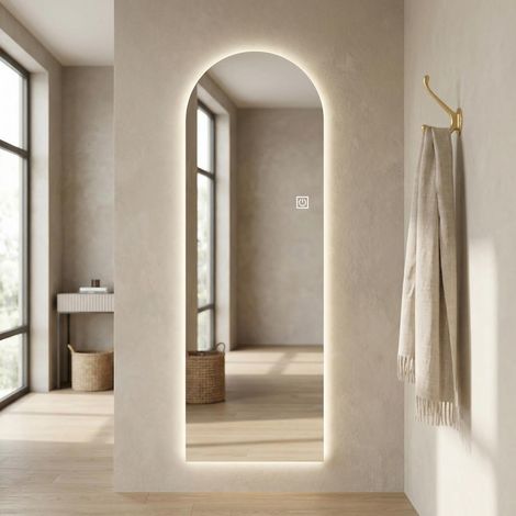 Miroir sur pied LED 150×50 cm avec éclairage intégré – Miroir mural rétroéclairé en forme d'arche, commande tactile à intensité variable, 3 températures de couleur (3000K/4000K/6000K) et fonction mémo