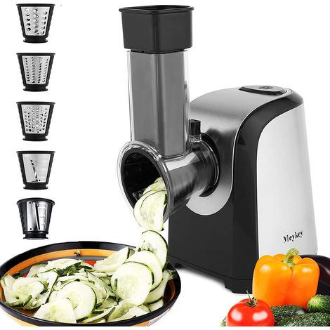 Meykey Grattugia elettrica per frutta e verdura, taglierina per verdure da 150 W, grattugia elettrica con 4 accessori in acciaio inox, senza BPA (1/4)