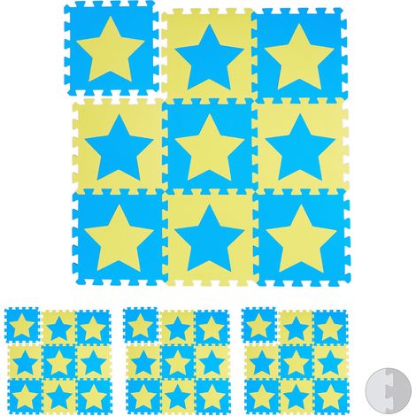 36x Tappeto Puzzle con Stelle, 72 Tasselli e Parti, Gommapiuma EVA Atossico, Area da Gioco Cameretta, Blu Giallo (1/5)