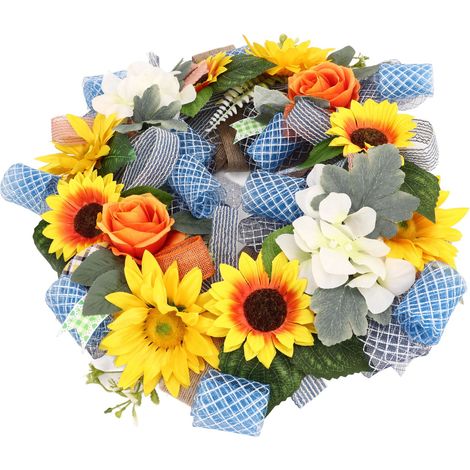 Couronne de tournesols de 45 cm de diamètre, couleurs vives, sans danger et polyvalente, idéale pour décorer une porte d'entrée, une fête, un mariage ou un bureau. (1/5)