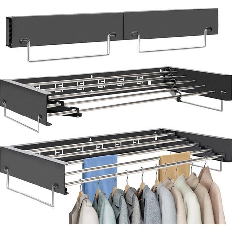 1 - Étendoir à linge mural - Séchoir rétractable - 5 tiges en acier inoxydable - Pour intérieur et extérieur - Noir - 80x40x10cm