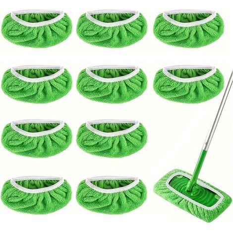 Lot de 10 lingettes de rechange en chenille pour balai Swiffer utilisables à sec ou à l eau réutilisables et rotatives couleur verte balai non inclus (1/5)