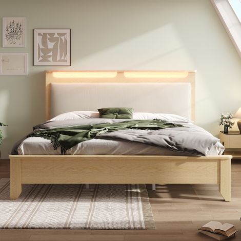 Lit double en bois 140×200cm - avec éclairage LED - tête de lit avec espace de rangement - dossier en velours côtelé - avec sommier à lattes - Beige (sans matelas)