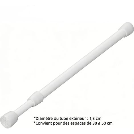 Barre télescopique à ressort multifonction blanche, extensible de 30 à 50 cm, pour armoires, étagères, rideaux de douche et projets DIY, sans perçage