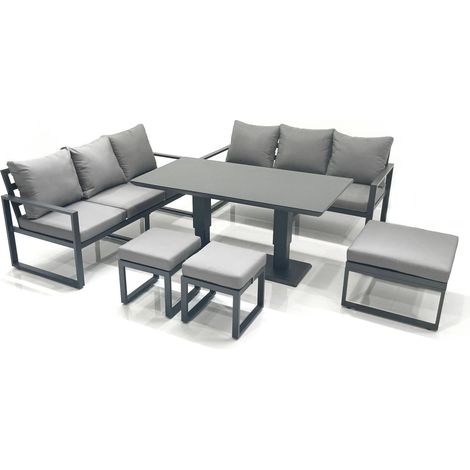 Fimous 9 Seater Aluminium Outdoor Garden Furniture Set with Adjustable Rising Lifting Dining Table 3 Seater Sofa 3 Footstools Dark Grey (1/5)