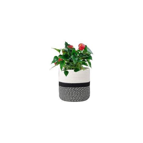 Tissé Panier en Corde de Coton,Panier de Rangement Ronde Tressé,Corde de Coton Panier de Plante,25cm, Panier à Linge, Panier à Jouets, Panier Multifonctionnel, Blanc et Noir. (1/5)