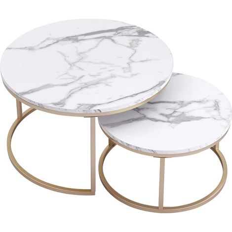 Couchtisch 2er Set rund 2-in-1 – Beistelltische mit Marmor-Optik Glasplatte, nordischer Stil, 60 cm, für Wohnzimmer und Sofa-Seite
