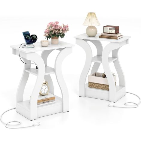 COSTWAY Set di 2 Tavolini da Salotto con 2 Prese AC,Porta USB e Porta Tipo C,3 Ripiani,Bianco (1/5)