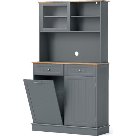 COSTWAY Credenza Alta per Cucina Porta Bidone della Spazzaturi, Mobile Cucina Dispensa con 2 Cassetti, Ante e 2 Ripiani Regolabili, Armadio Cucina in Legno di Gomma, 100 x 34 x 172 cm, Bianco (Grigio)