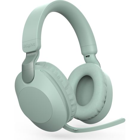 Écouteurs Bluetooth sans fil (verts) avec microphone, réduction de bruit, son stéréo, adaptés au sport et aux jeux vidéo.