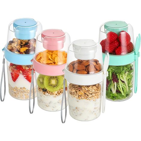 Lot de 4 pots à yaourt de 765 ml (27 oz) étanches avec couvercles et cuillères - Récipient réutilisable pour flocons d'avoine, bols à garniture, céréales, salades de fruits et préparation des repas (1/5)