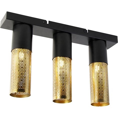 QAZQA raspi - Plafonnier - 3 lumière - L 49 cm - Noir et Or - Rustique - éclairage intérieur - Salon I Chambre I Cuisine I Salle à manger