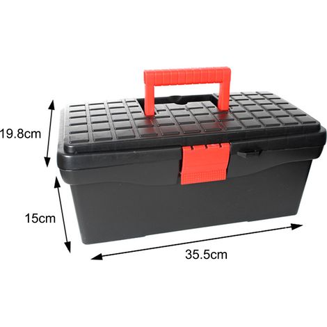 Boîte à outils portable à 2 niveaux pour électricien domestique, rangement pour outils et quincaillerie, organisateur en plastique noir solide de 36,5 x 18,5 x 17,5 cm (14 pouces), fermeture à boucle.