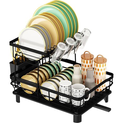 Egoutoire Vaisselle Cuisine 2 Niveaux, Égouttoir Vaisselle en Acier Inoxydable avec Porte-Gobelets et Porte-Ustensiles (1/4)