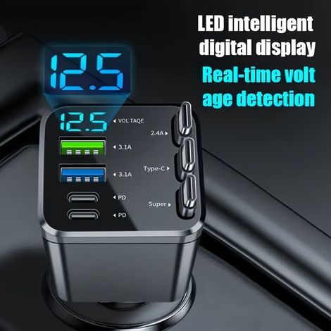 BelleRise - Chargeur voiture 7-en-1 3 câbles rétractables charge rapide, rotatifs 180°, avec affichage numérique LED (1/5)