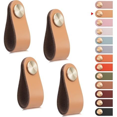 4pcs Poignée Meuble Cuir, Bouton Porte Placard Poignee Cuir Bouton de Tiroir, Poignee de Meuble Vintage pour Armoires, Commode, Cuisine, Salle de Bain (Beige, Monotrou) (1/5)