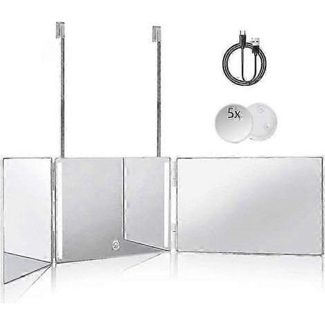 Miroir à trois volets 2025 avec éclairage LED, pliable et rechargeable, hauteur réglable, blanc. (1/3)