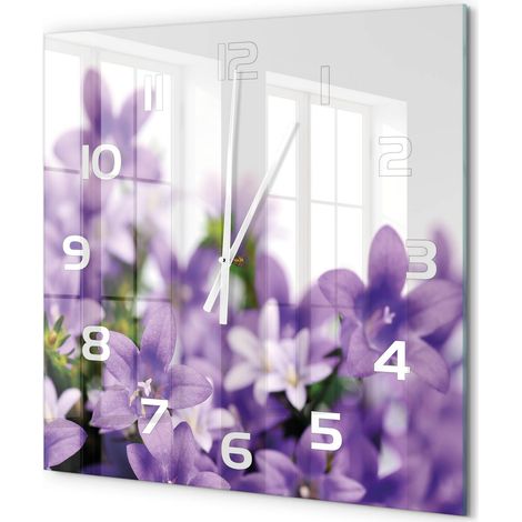 Grande Horloge Murale Carrée Minimaliste en Verre Trempé Silencieuse Design Moderne Cloches violettes 60x60 cm (1/5)