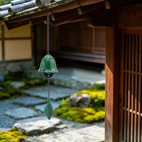 Cloche à vent en forme de feuille de style japonais, petite cloche à vent en fonte suspendue extérieure pour jardin, Cour, décoration de maison (vert) (1/5)