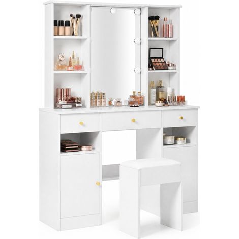 ELVMI Tocador con 3 Cajones y 2 Puertas, 4 Nichos, LED Regulable, Dormitorio, 110 x 40 x 151 cm (1/5)