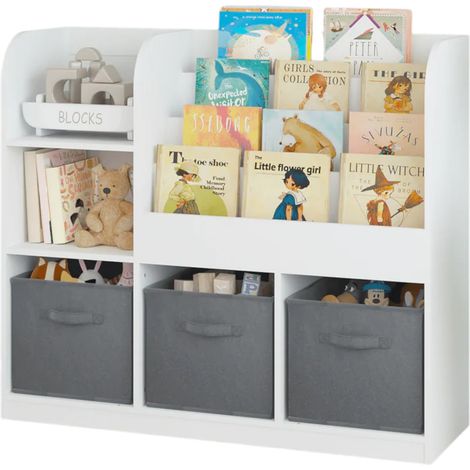 Organizer per Bambini GINGER HOME, Libreria con Ripiani per Giochi e Libri, 3 Ceste in Tessuto, Bianco, 92×30×80 cm, Montessori (1/5)