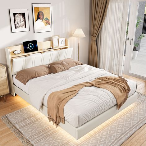 Lit adulte 140x190 cm avec effet flottant - Lit double capitonné avec tête de lit de rangement, ports USB et éclairage LED - Similicuir - Noir