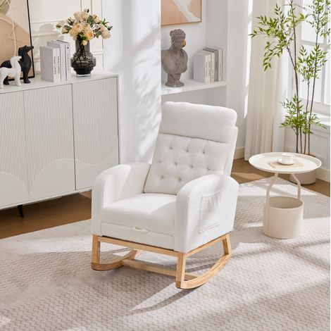 Poltrona a dondolo con poggiapiedi estraibile, tasche laterali, tessuto bouclé e legno bianco (1/5)