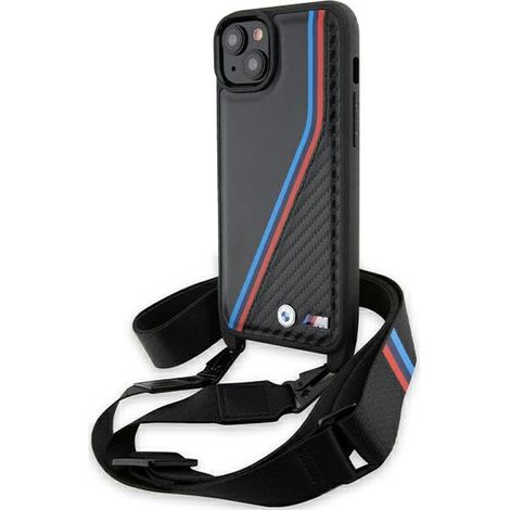 Coque rigide noire BMW BMHCP15S23PSVTK pour iPhone 15/14/13, édition M, lignes tricolores en carbone, avec dragonne.