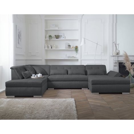 Lisa Design – Canapé d'angle panoramique 7 places – Structure en bois – Assise mousse polyuréthane 30kg/m3 – Dossier mousse 21kg/m3 – Gris foncé