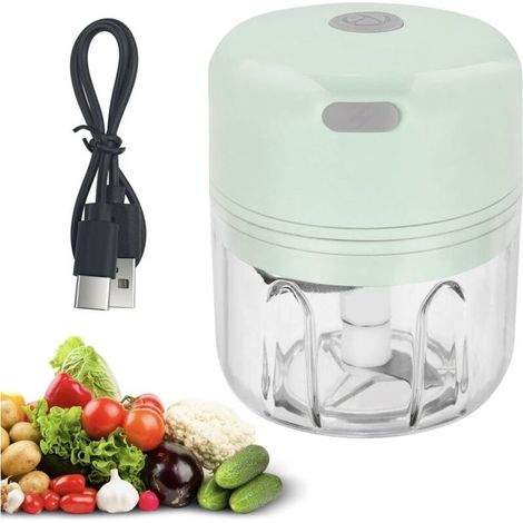 Hachoir Électrique 250 ml, Mixeur Hachoir Rechargeable USB, Portable Mini Coupe Legumes avec 3 Lames en Acier Inoxydable pour Oignon, Ail, Viande, Légumes et Les Fruits (Vert) (1/5)